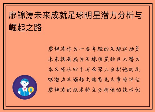 廖锦涛未来成就足球明星潜力分析与崛起之路