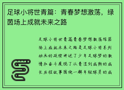 足球小将世青篇：青春梦想激荡，绿茵场上成就未来之路
